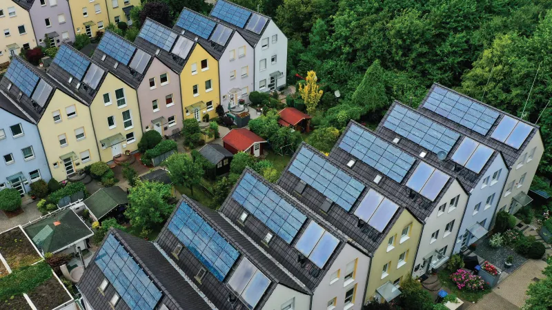 Solar panels on roofs at the ‘Solar Settlement Gelsenkirchen-Bismarck' in Gelsenkirchen, Germany on July 4, 2023.