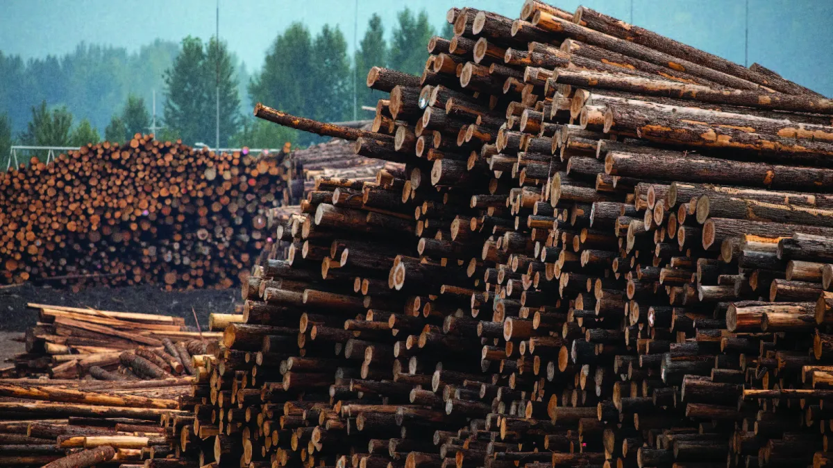 Logs are stacked at a sawmill in Revelstoke, Canada, 