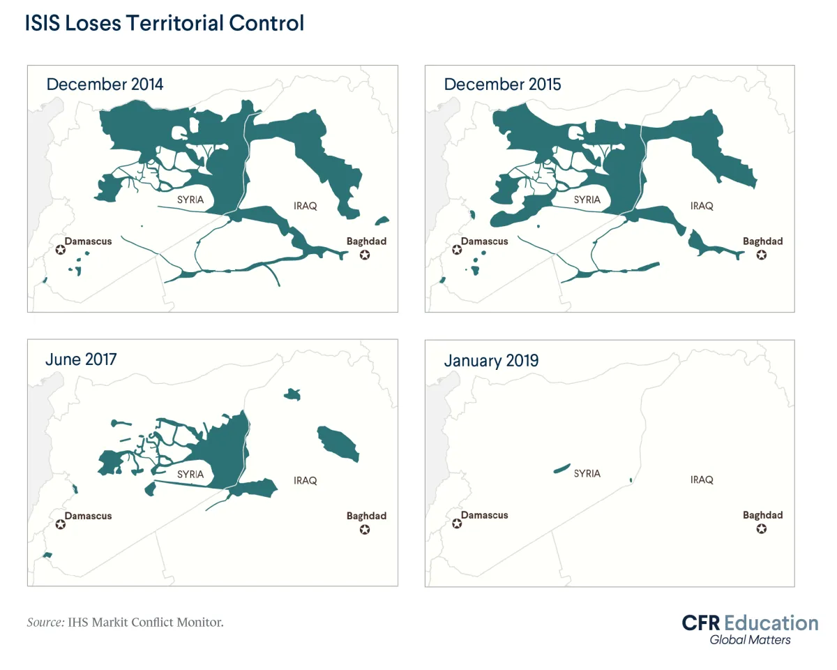 In four maps spanning from 2014 to 2019, this infographic show's ISIS's dwindling territorial control in the Middle East. 