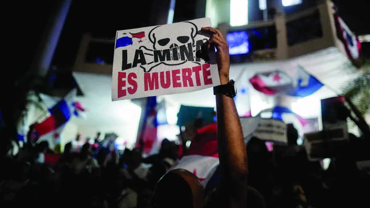 Demonstrators protest against a government mining contract in front of the Supreme Court of Justice in Panama City, Panama, on November 24, 2023.