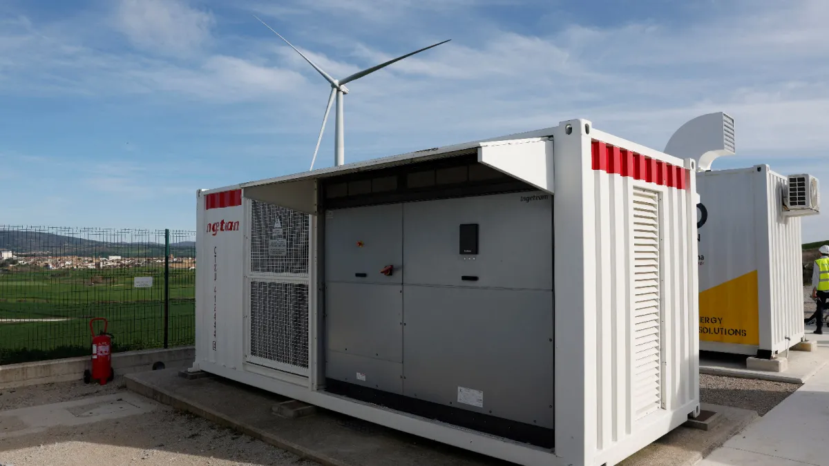  Wind energy battery storage at the Acciona Energía Experimental Wind Farm in Barásoain, Spain, on March 18, 2024.