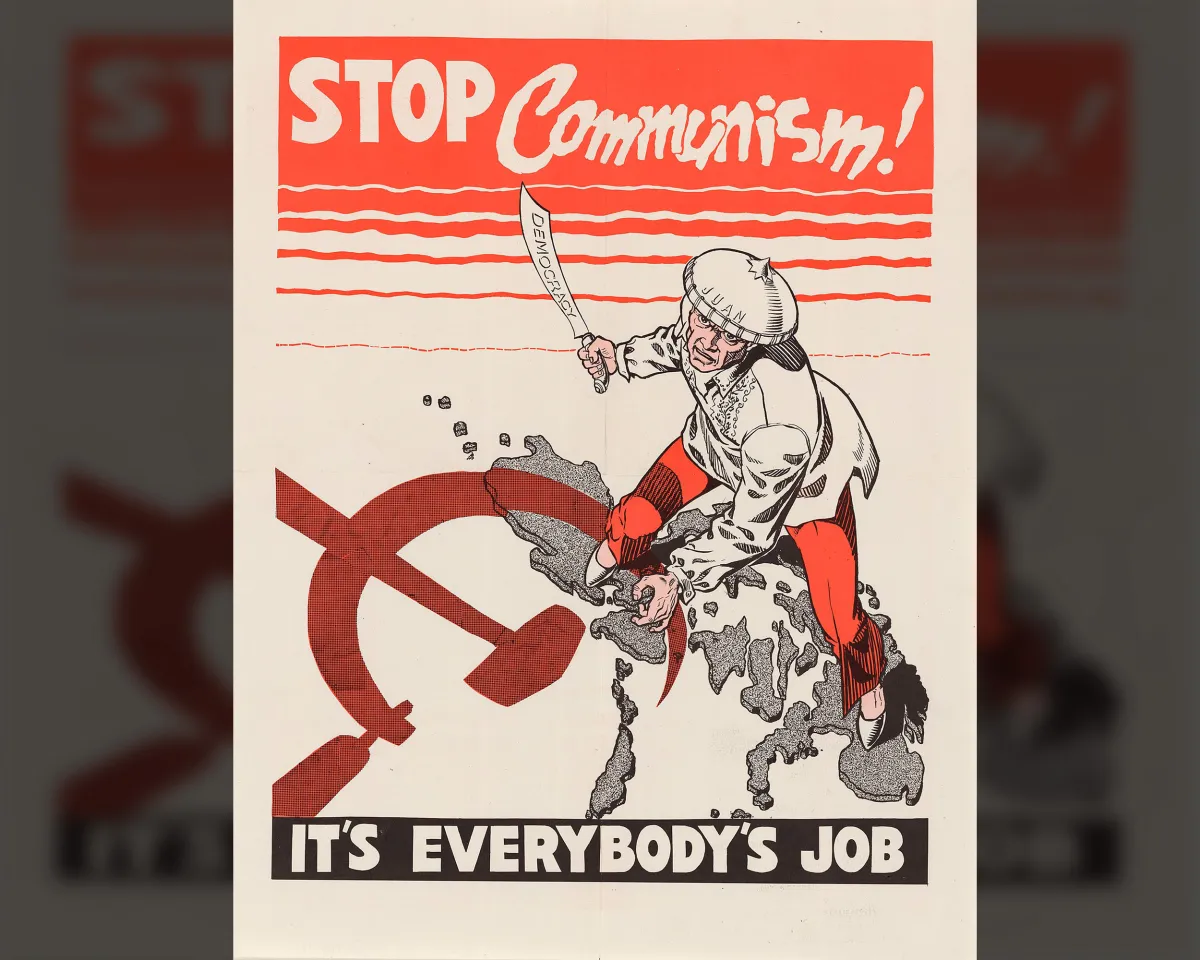 United States Information Service poster distributed in Asia depicts a man ready to defend the Philippines from communism, 1951.