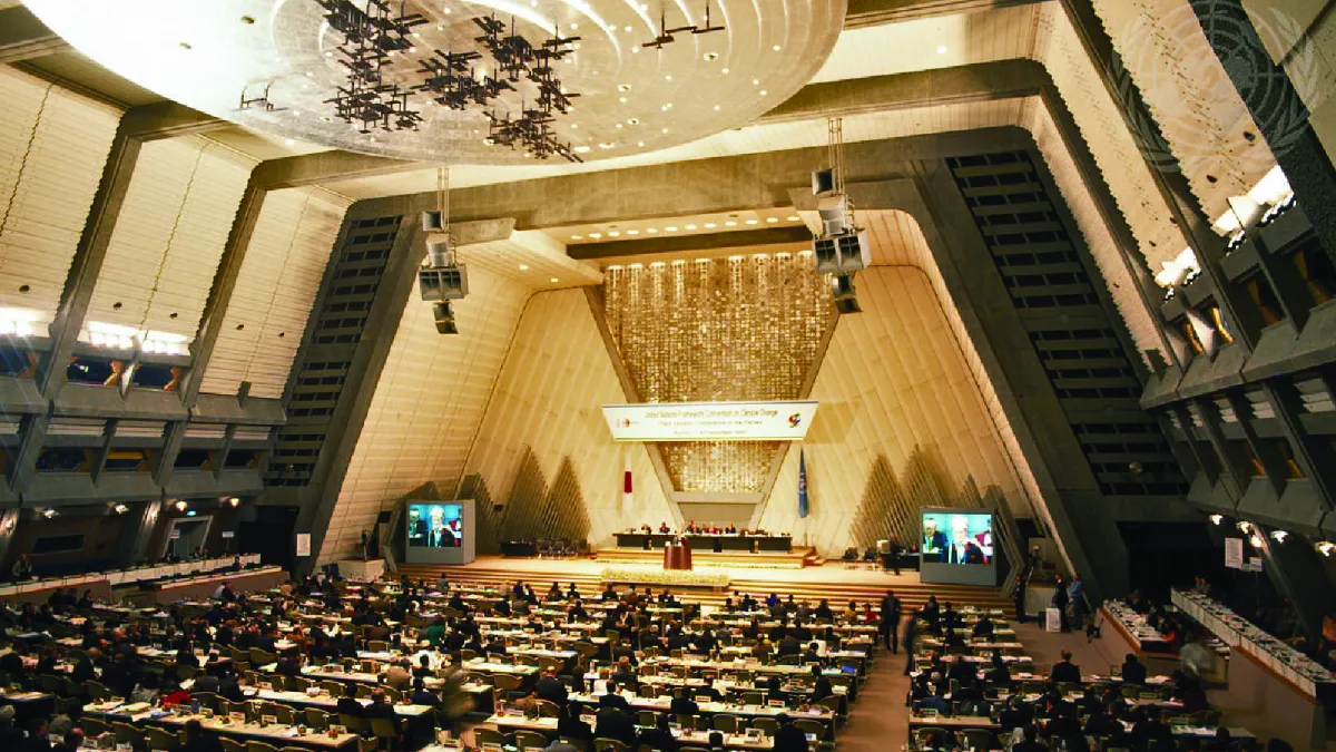 The climate change conference meets in the main hall of the Kyoto International Conference Center in Kyoto, Japan, on December 1st, 1997