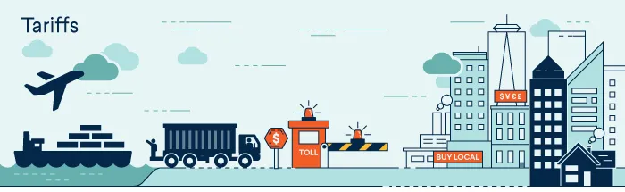Illustration of tariffs, showing a plane, ship, and truck heading toward a city but a toll booth is in the way. For more info contact us at world101@cfr.org.