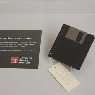 The Morris Worm source code on a floppy disk on display at the Computer History Museum in Mountain View, California.