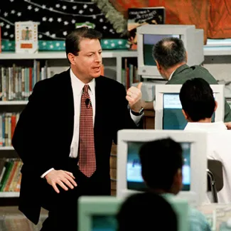 Vice President Al Gore discusses the Internet with a student of Pacoima Elementary School on January 31, 1998.