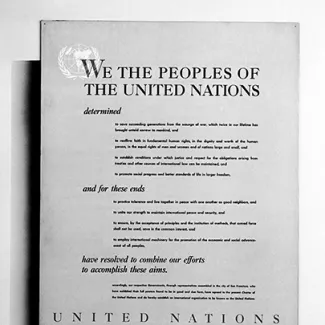 The preamble to the Charter of the United Nations, which was signed in San Francisco, California, on June 16, 1945. The charter gives the United Nations the power to create peacekeeping units.