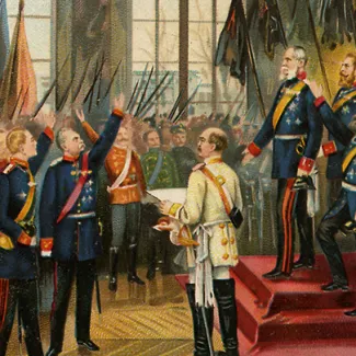 Otto Eduard Leopold von Bismarck proclaiming German unification in Versailles on January 18, 1871, as depicted in an advertisement for Liebig's Meat Extract, published in 1899.