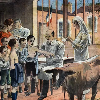 A depiction of a smallpox vaccination in a French public school on the front page of the French newspaper Le Petit Journal Illustre on May 12, 1929.