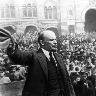 Russian communist revolutionary leader Vladimir Lenin giving a speech in the Red Square, Moscow on May 25, 1919.