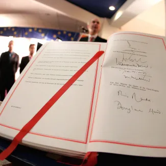 A paper version of the Maastricht Treaty is stored on February 6, 2007, almost 15 years after its signing, in a bank vault in the southern Dutch town.