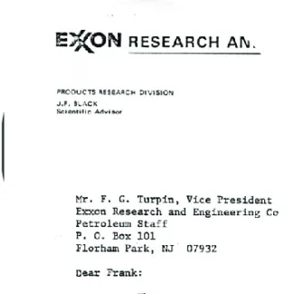 First page of James Black's research report on the greenhouse effect sent to Exxon. 