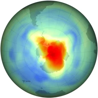 A rendering of the Antarctic ozone hole in 1985. 