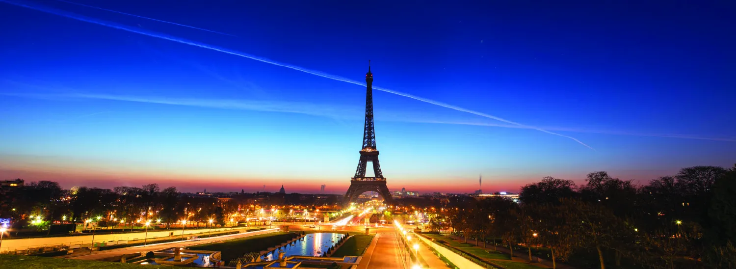 Panorama at sunrise of the Eiffel Tower in Paris France