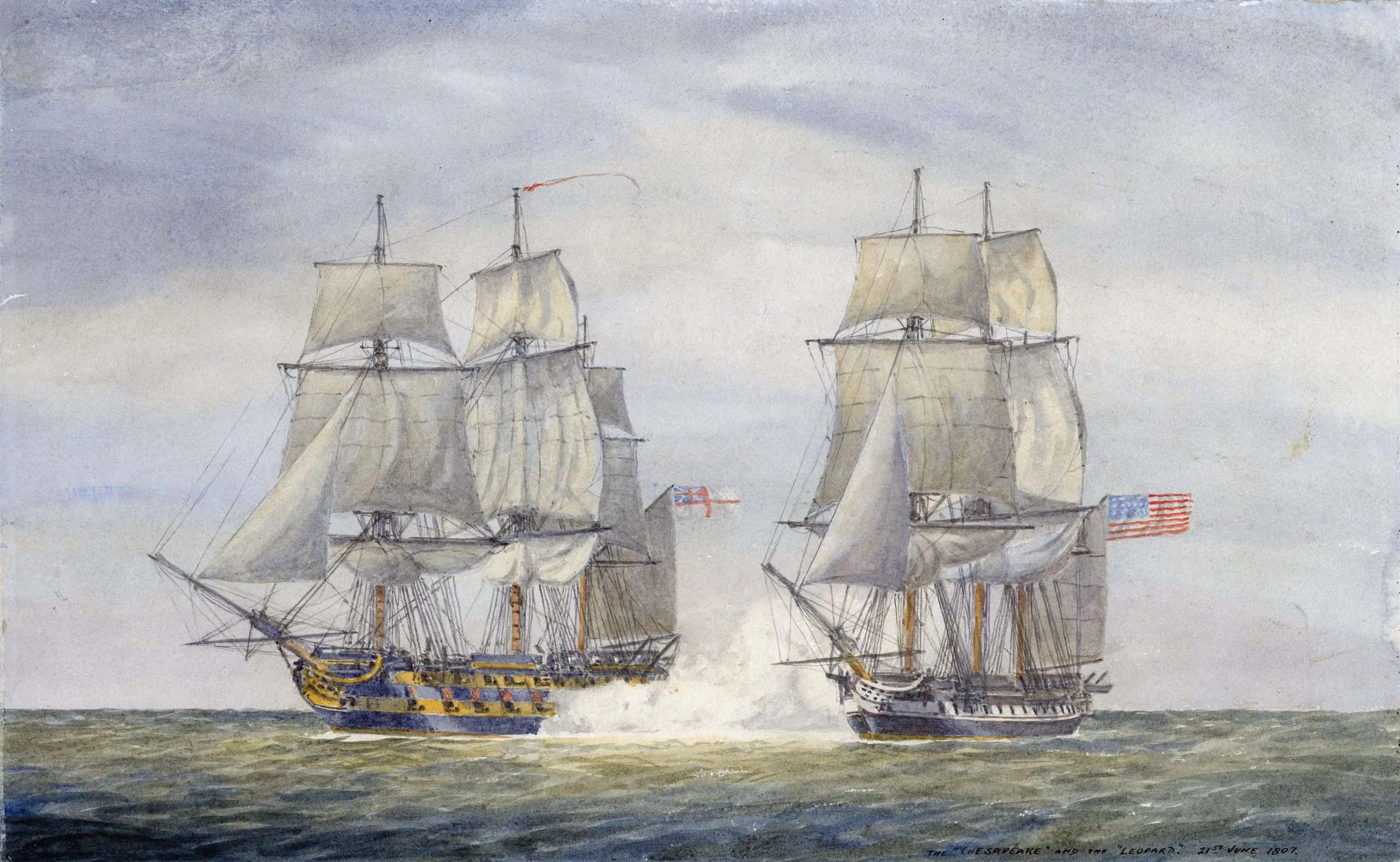 The USS Chesapeake (right) exchanges fire with the HMS Leopard (left) on June 22, 1807 off the coast of Virginia in a watercolor painting by Irwin John Bevan.