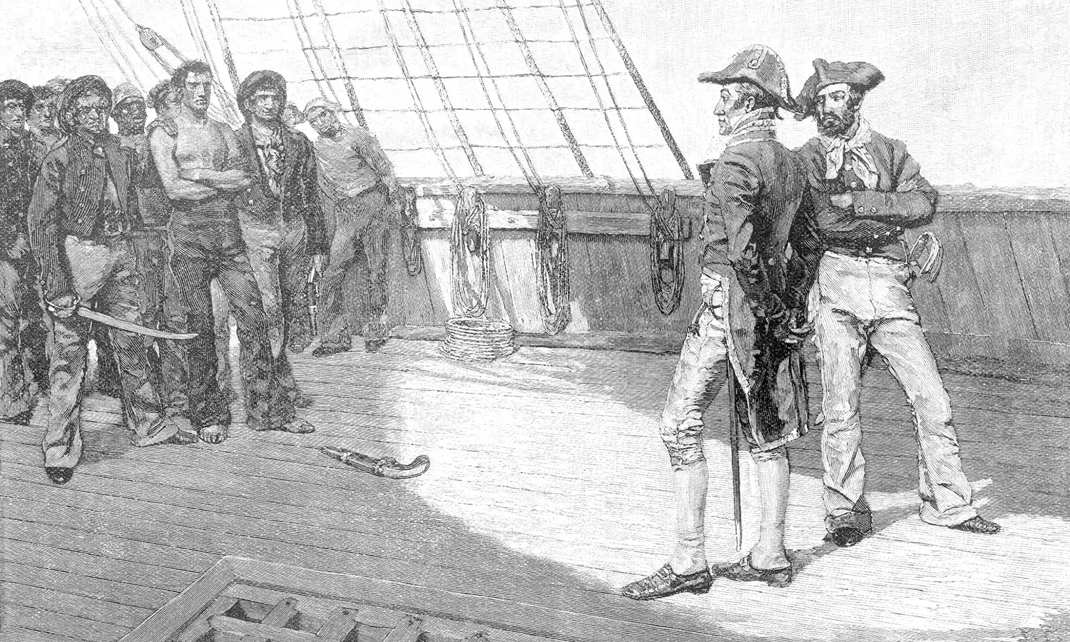 A black and white illustration (originally a wood engraving) of the impressment, or forcible recruitment into military service, of American seamen.