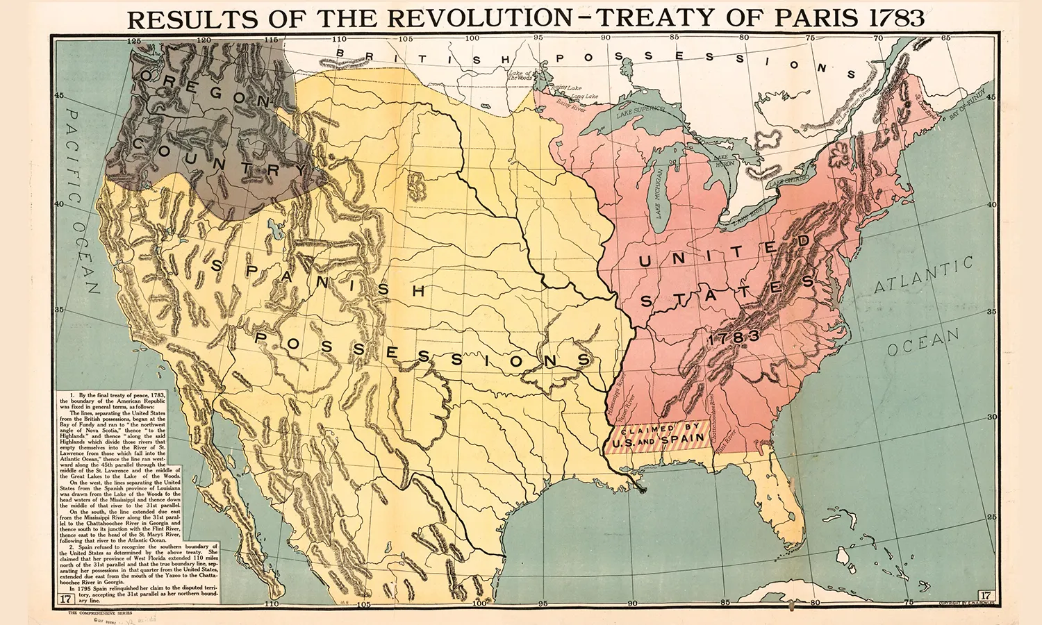 A color map of the results of the Treaty of Paris. Each color represents a different country's territory; the reddish/pinkish area represents the United States' territory in 1783.