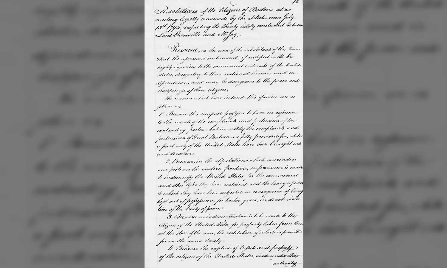 The original document from the George Washington Papers in which the letter to Washington from the Bostonians was drafted at the Boston Citizens Meeting on July 13, 1795. The background is an enlarged and blurred image of the original document.