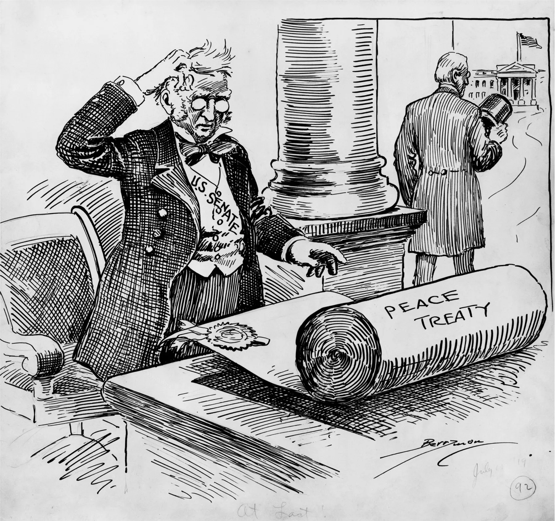 Cartoon showing man scratching his head while looking down at peace treaty