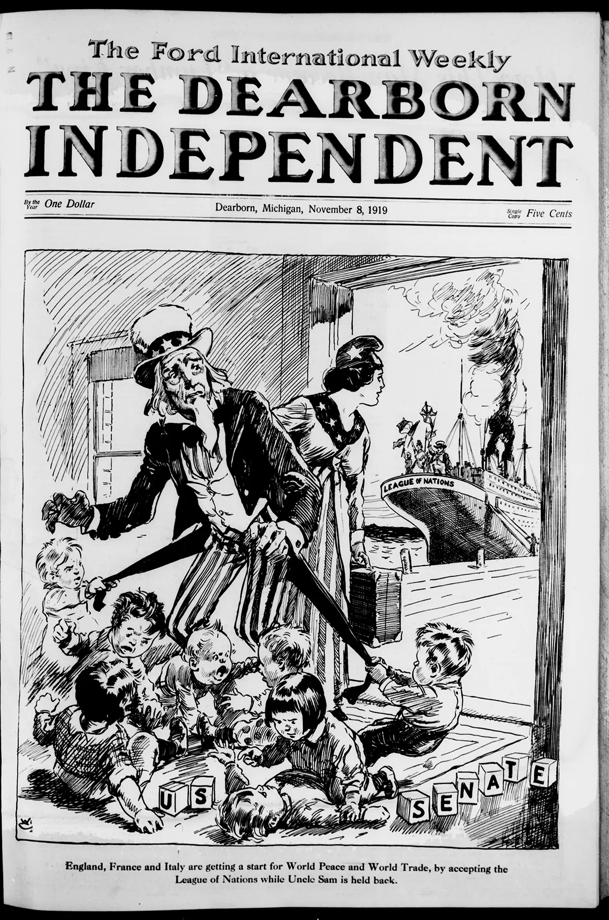 Cartoon shows U.S. Senators as misbehaving toddlers, holding the United States back from working toward world peace and international trade