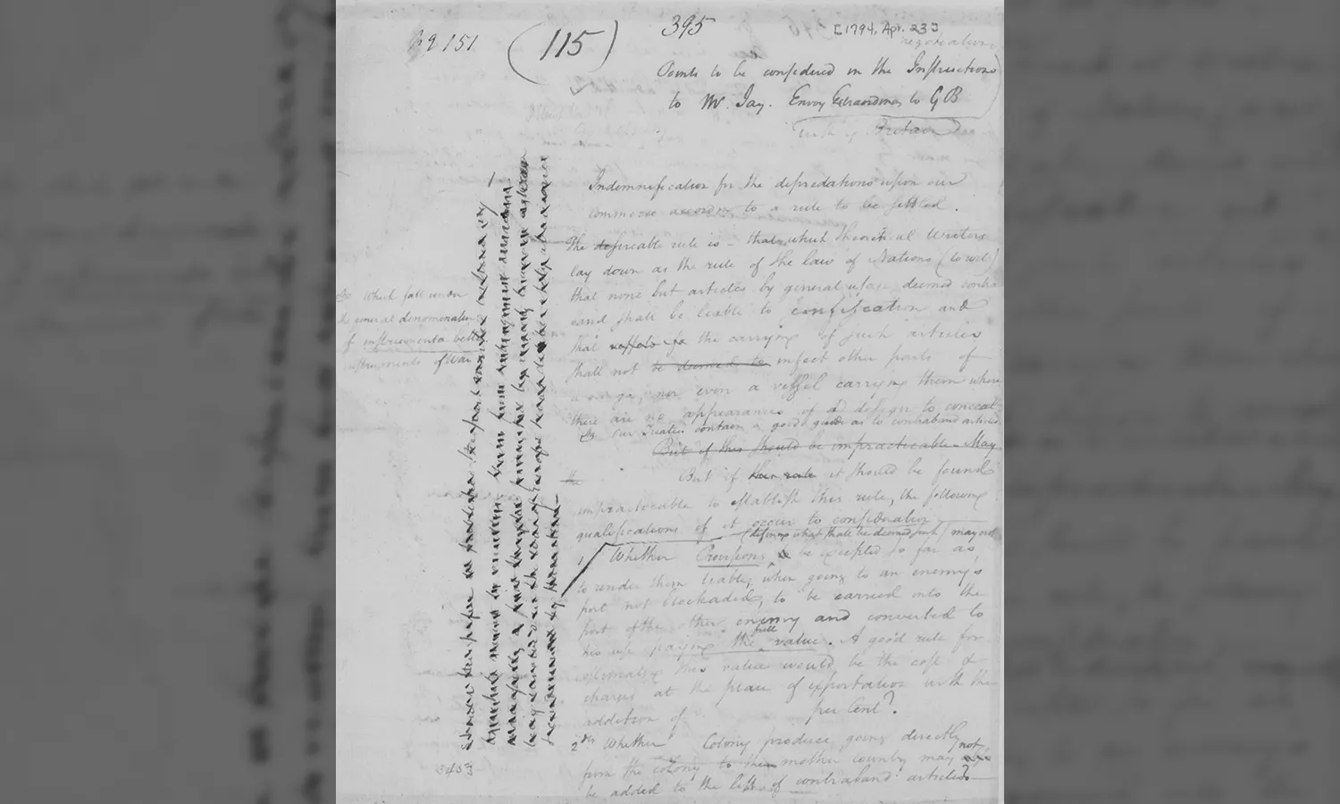 The original document from the Alexander Hamilton Papers where Hamilton's points to be considered in his Instructions to John Jay are written. The background is an enlarged and blurred image of the original document.