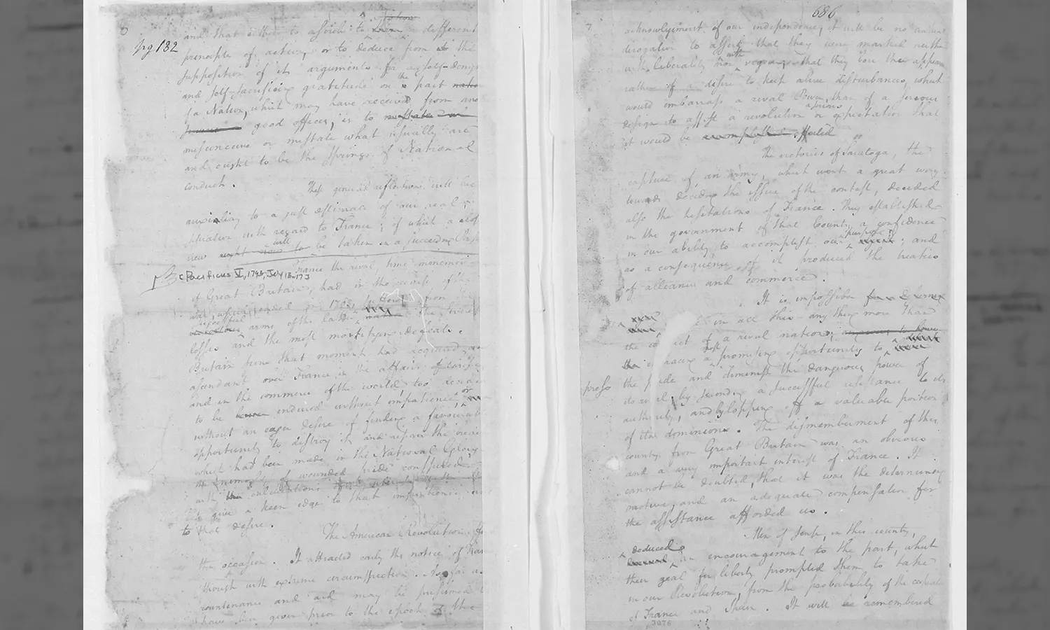The original document from the Alexander Hamilton Papers where Hamilton's Pacificus No. 5 is written/drafted. The background is an enlarged and blurred image of the original document.
