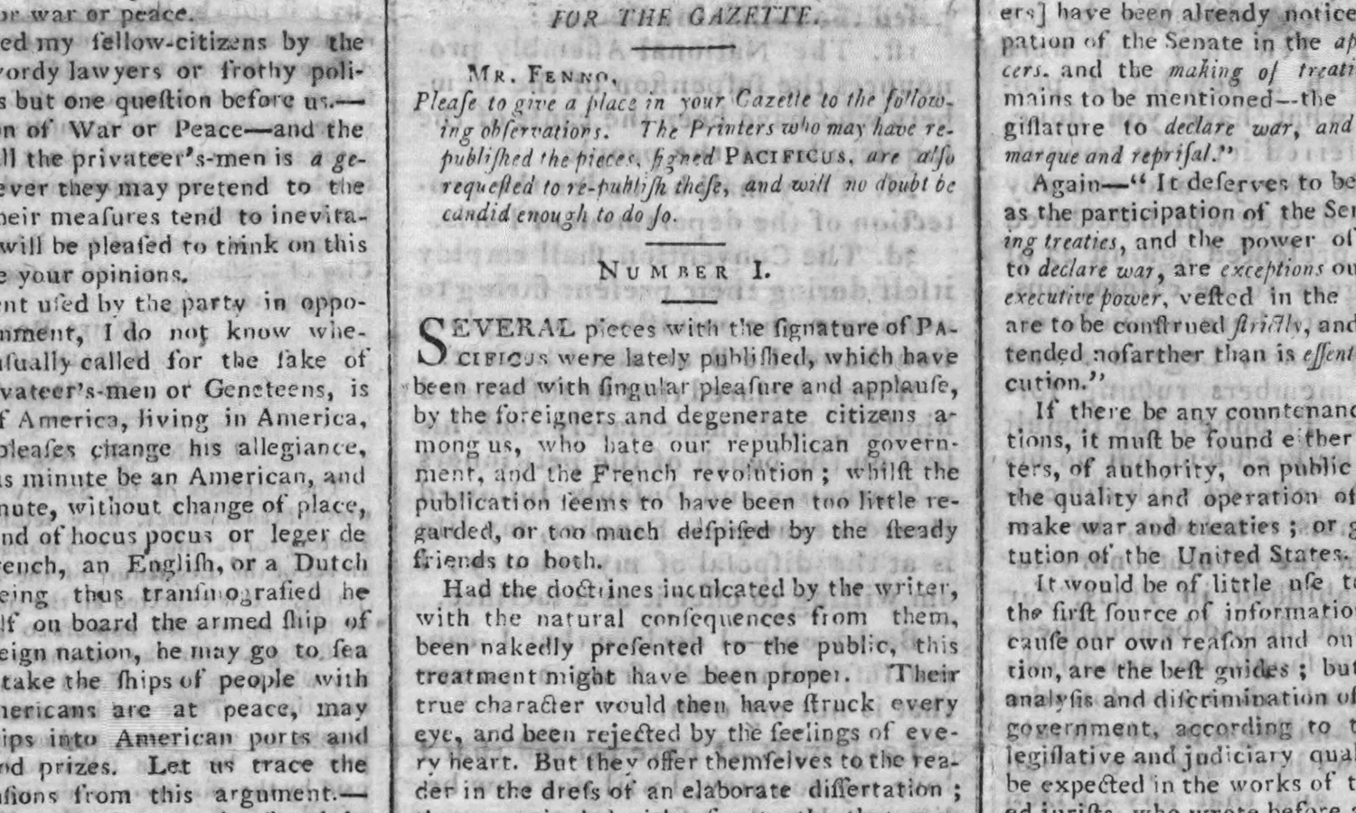 An archival front page of the Gazette of the United States which printed Jefferson's Helvidius No. 1 on August 24, 1793.