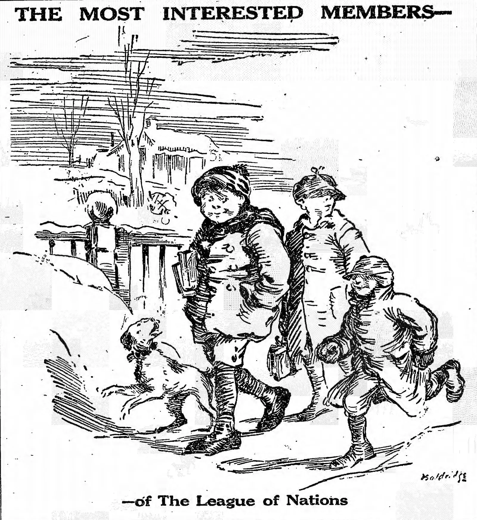 Cartoon showing children walking with dog and text that reads "the most interested members of the league of nations"