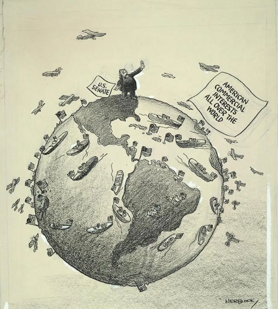 Cartoon showing a U.S. senator throwing up his hands in exasperation on top of a globe with U.S. ships and planes traveling around it