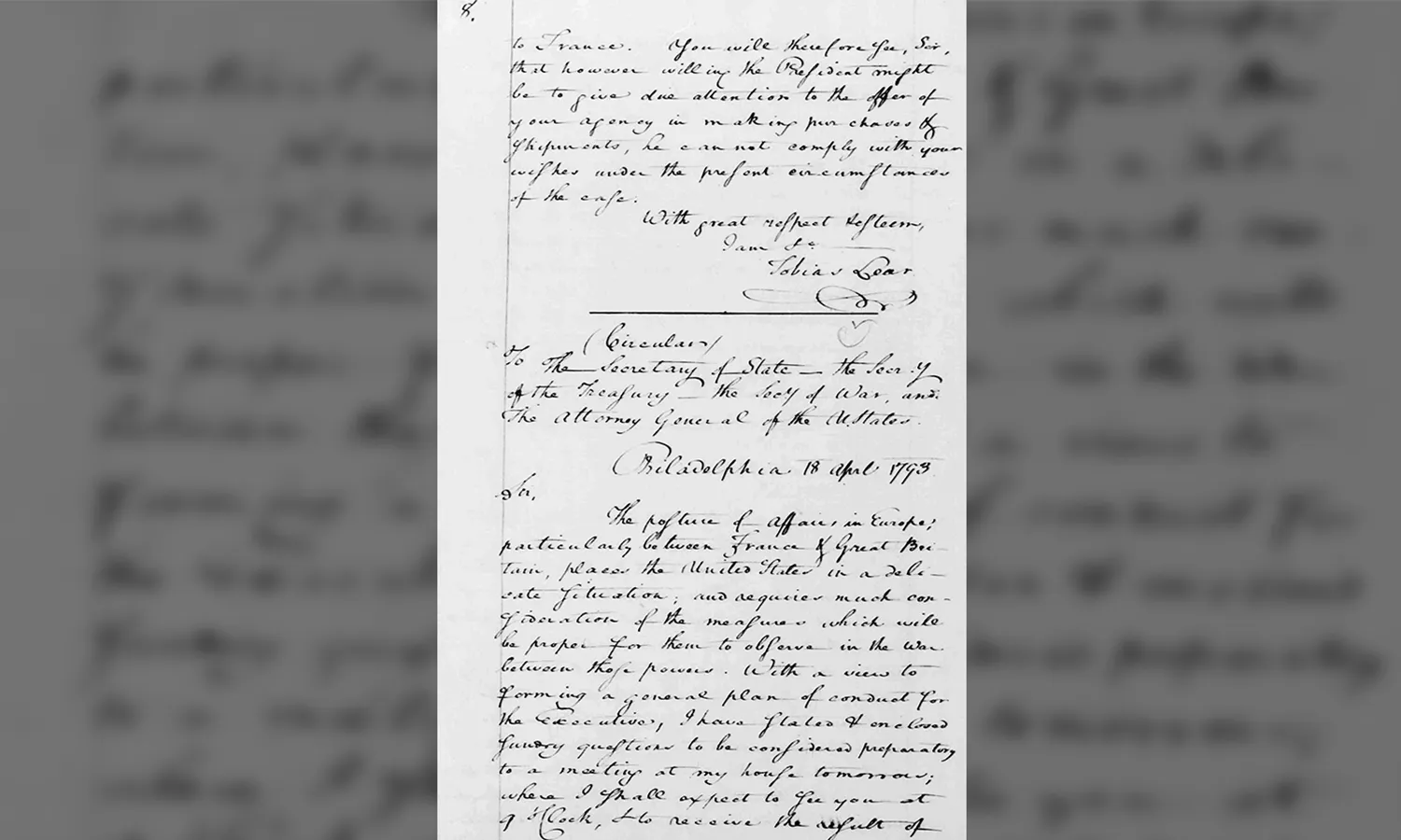 The original document from the George Washington Papers where Washington's address to the Cabinet is written. The background is an enlarged and blurred image of the original document.