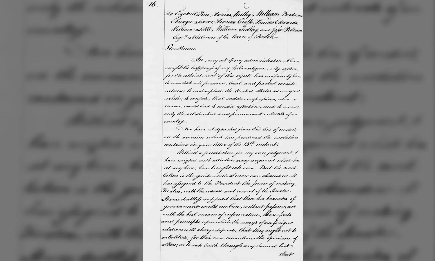 The original document from the George Washington Papers in which the letter to Boston Selectmen from Washington is written. The background is an enlarged and blurred image of the original document.