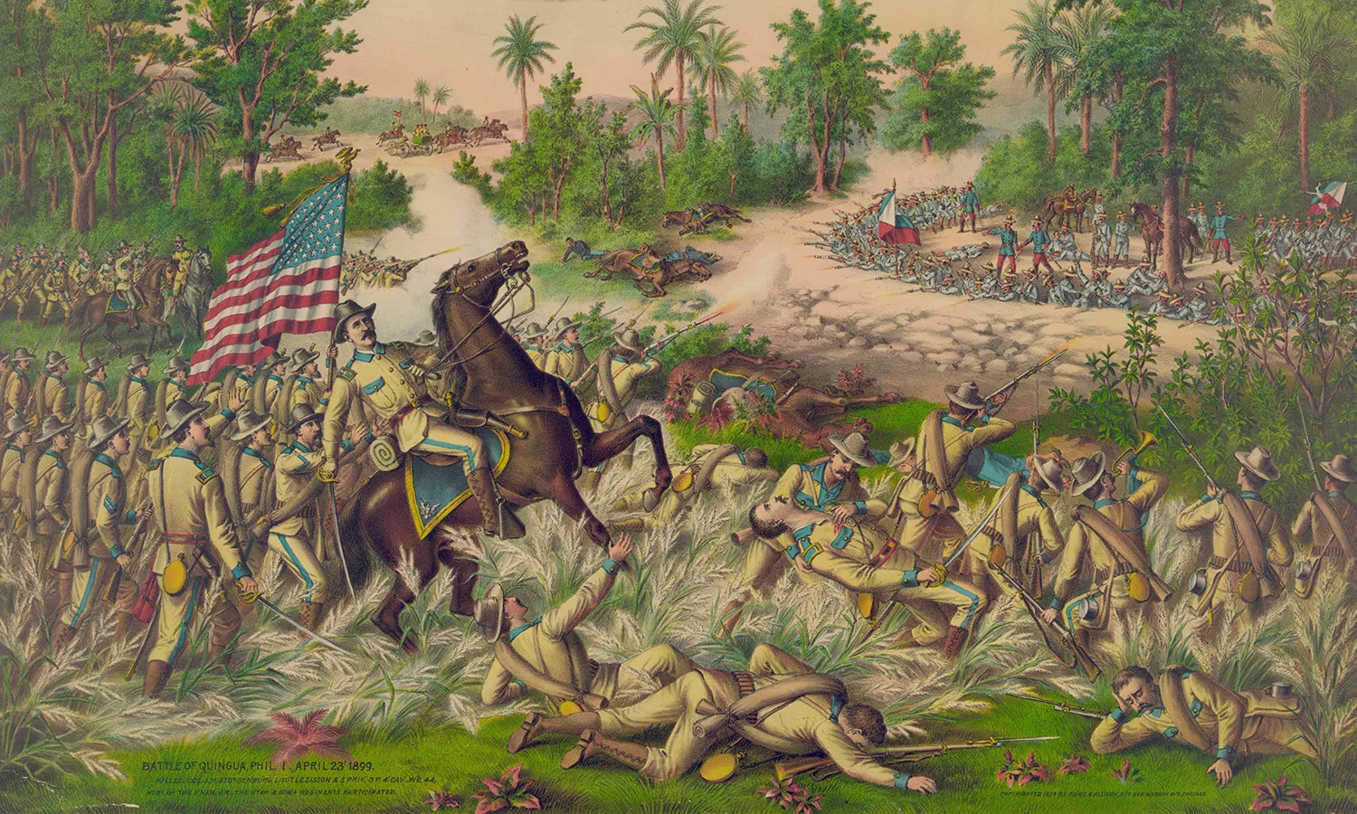 A painting from the Battle of Quingua showing a scene with American troops in the foreground advancing on Filipino troops.