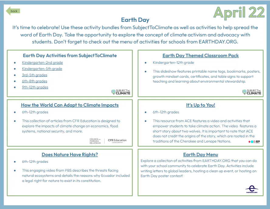 Calendar of Earth Day activities from SubjectToClimate