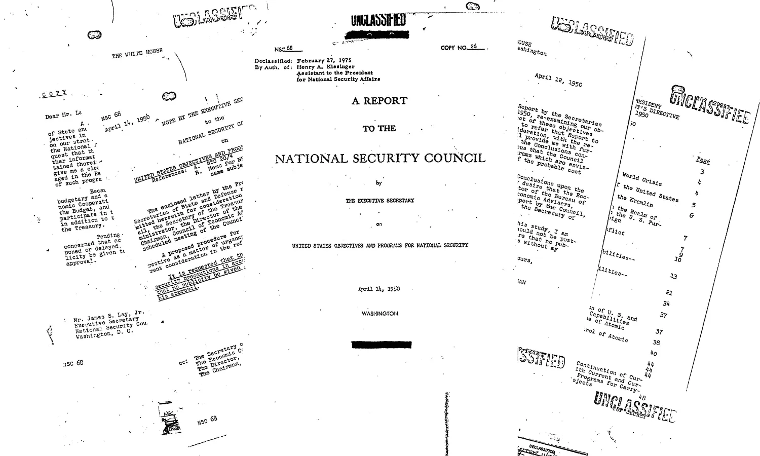 Papers scattered of the NSC-68 memo. The title page is displayed in the center on top.