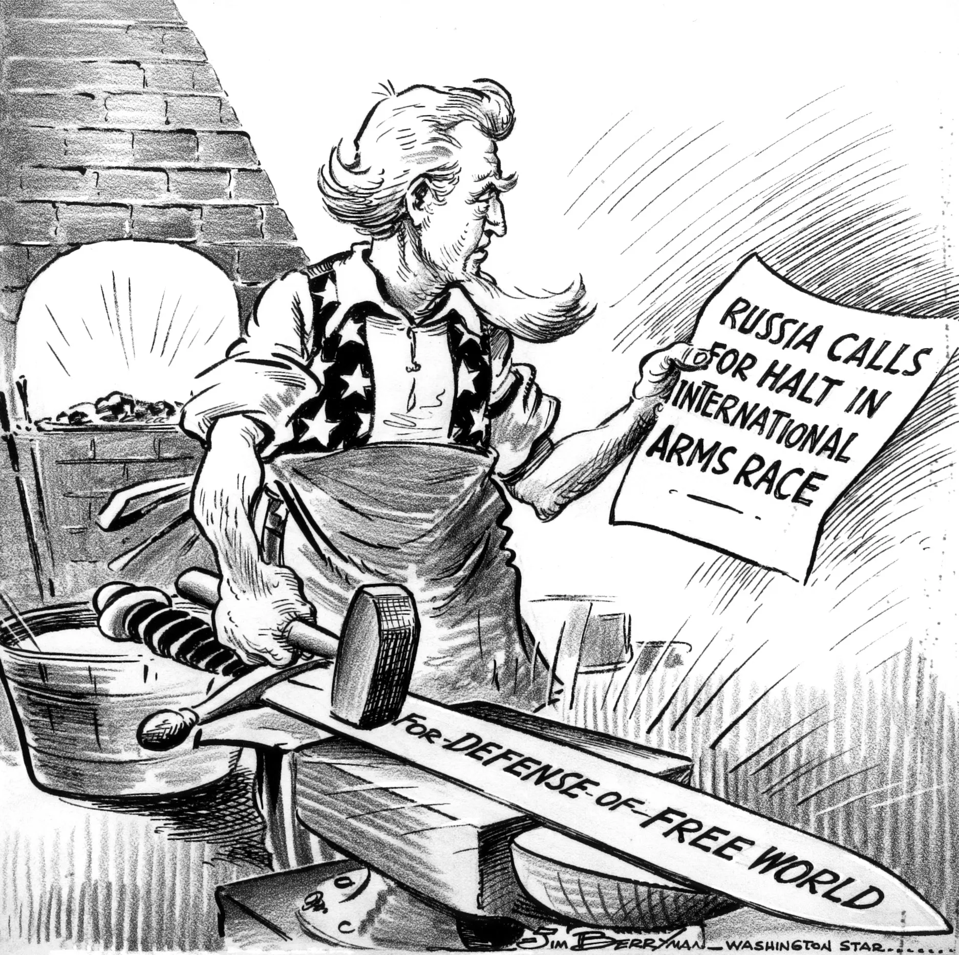 Political cartoon showing Uncle Sam reading a paper that says "Russia calls for halt in international arms race" as he works on forging a sword labeled "For defense of free world".