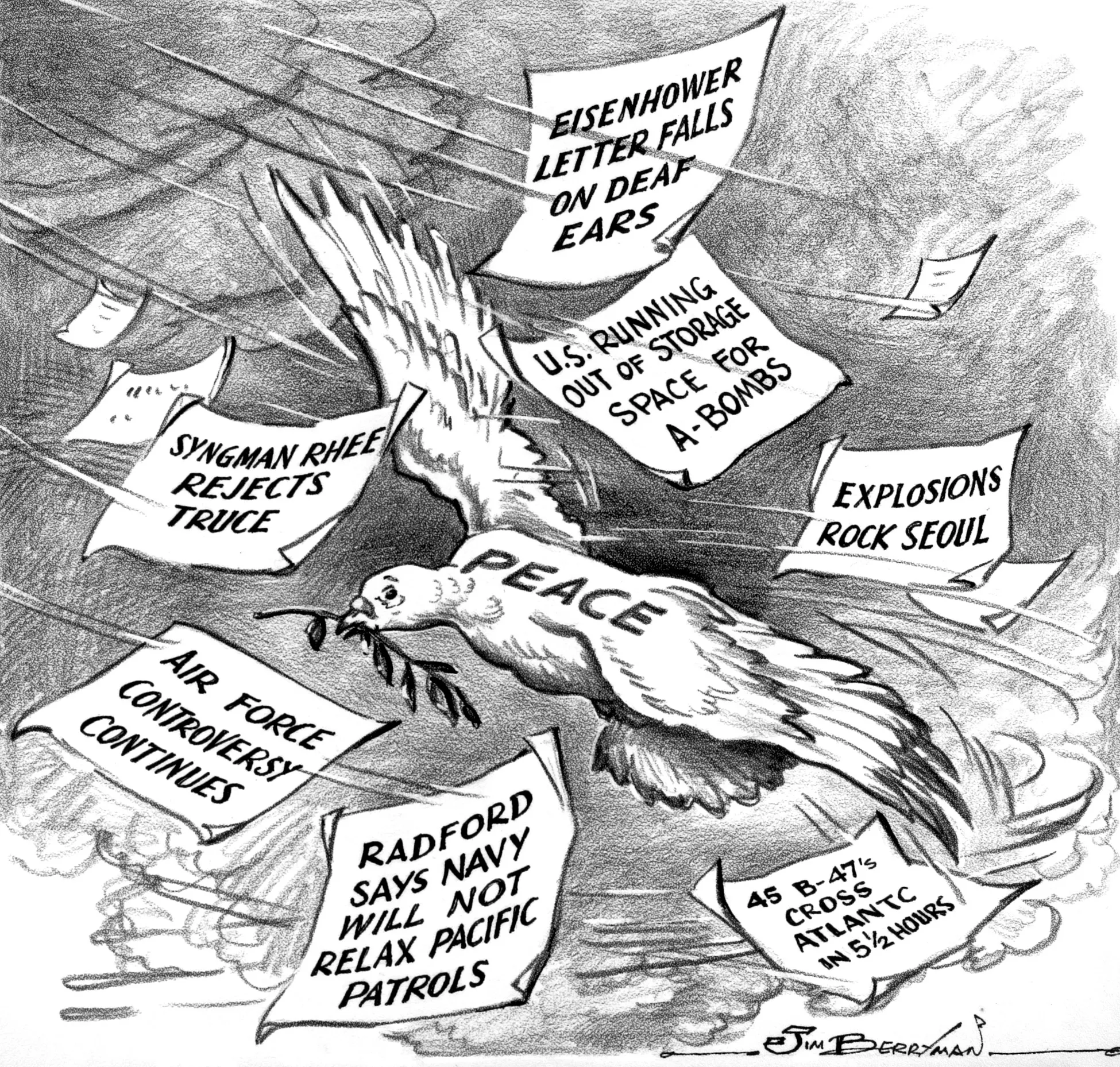 Cartoon showing a bird labeled "Peace" struggling to fly while papers around it fall from the sky. The papers reference events in which countries and leaders reject peace proposals of various sorts.