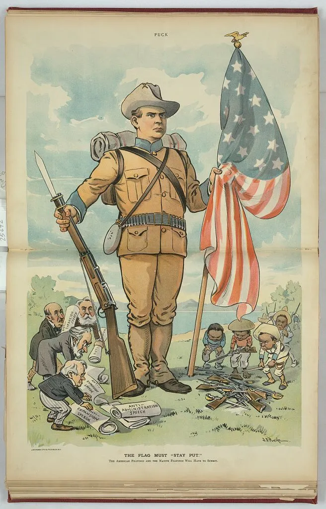 A political cartoon showing anti-expansionist senators and a governor placing papers at the feet of a giant American soldier holding a rifle and American flag. Opposite them, Filipinos place guns and swords at the soldiers feet.
