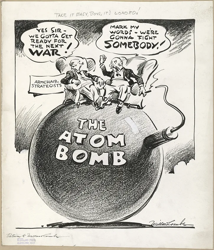 Political cartoon showing  two men labeled "airmchair strategists" sitting in armchairs on top of a classic cartoonish bomb. They discuss military preparedness and their willingness to fight. The man on the left says, "Yes sir - we gotta get ready for the next war!", and the man on the right says, "Mark my words - we're gonna fight somebody!". 
