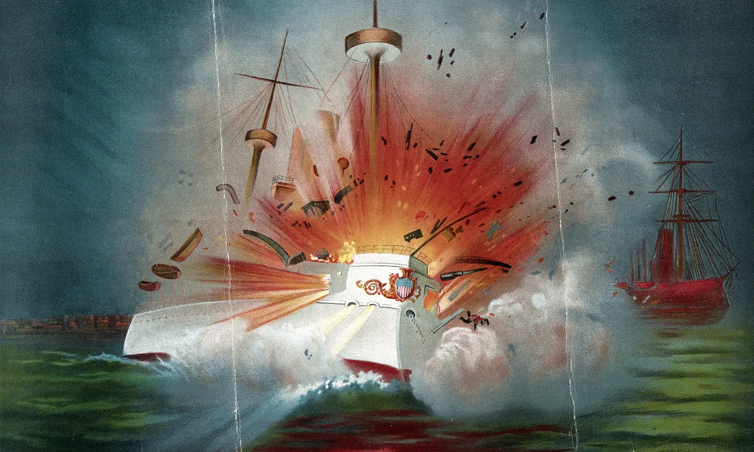 A painting showing the explosion of the USS Maine in Havana, Cuba. The ship is in the center and is engulfed in flames.