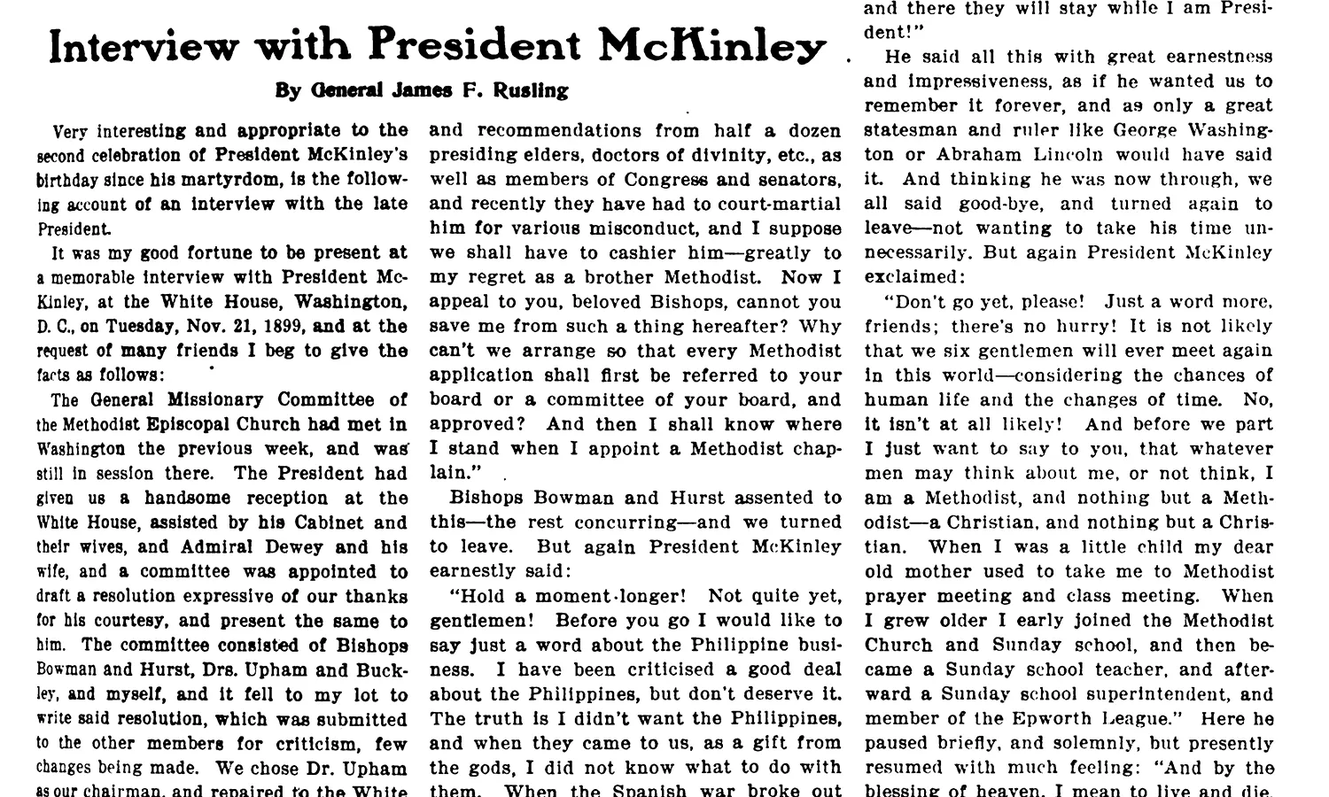 A scan of McKinley's interview in the Christian Advocate magazine.