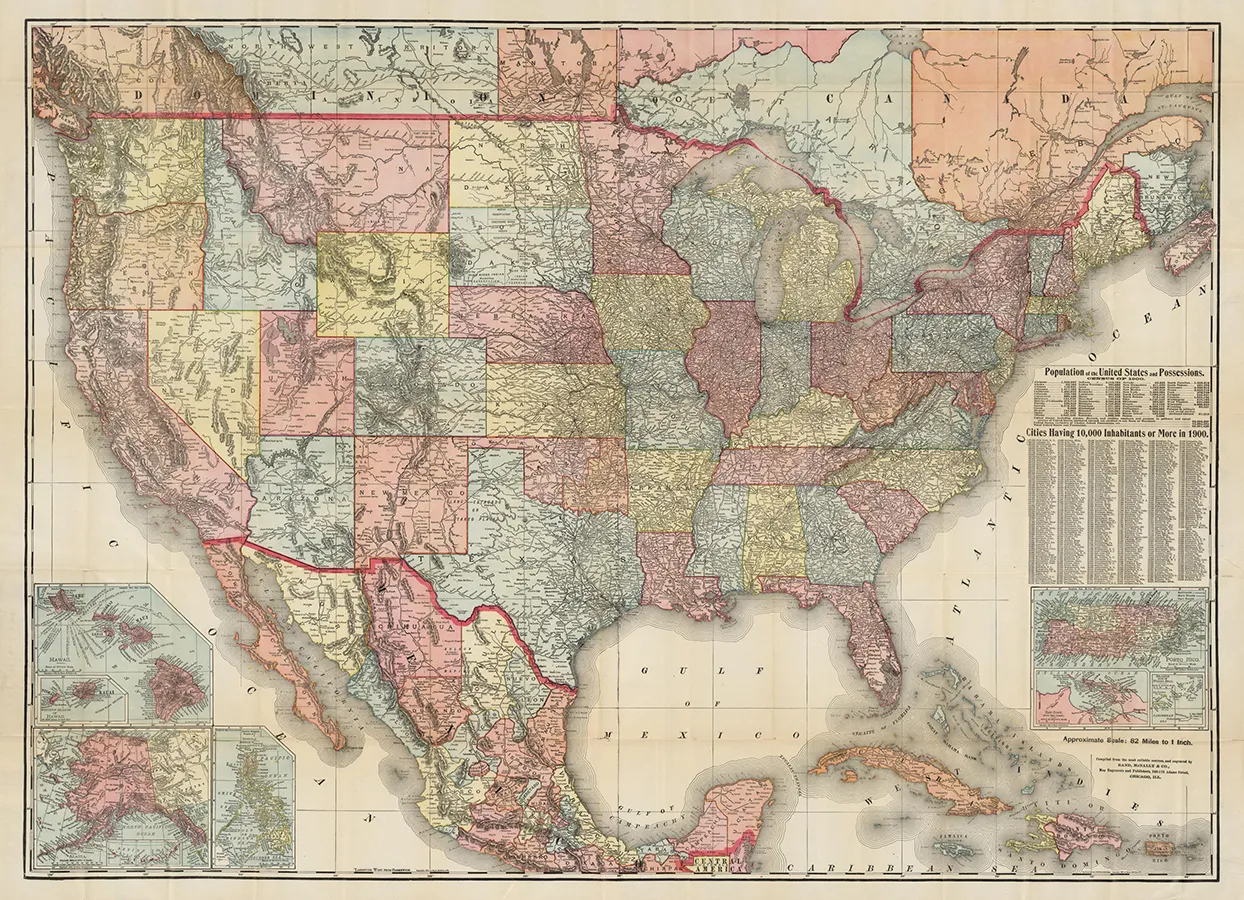 A color map showing the territory of the United States including Hawaii, Alaska, the Philippine Islands, and Porto Rico.
