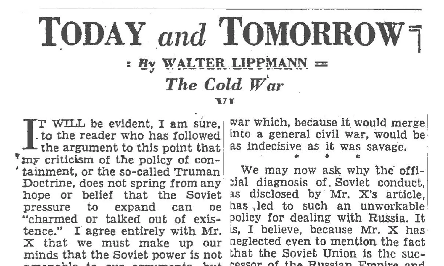 An archival newspaper showing Walter Lippmann's article published under the title "Today and Tomorrow".