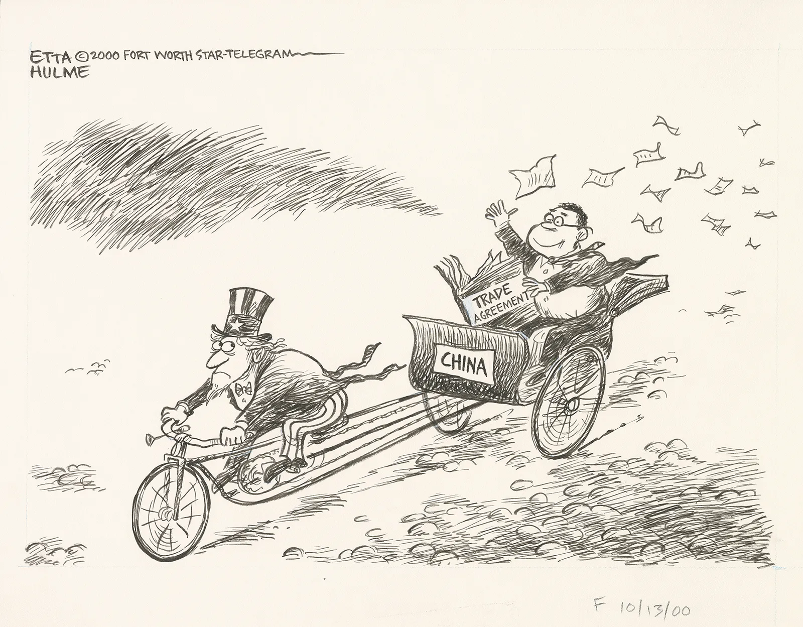 Black and white cartoon shows Uncle Sam driving a cart titled "China" while a man breaks a book titled "Trade agreement."