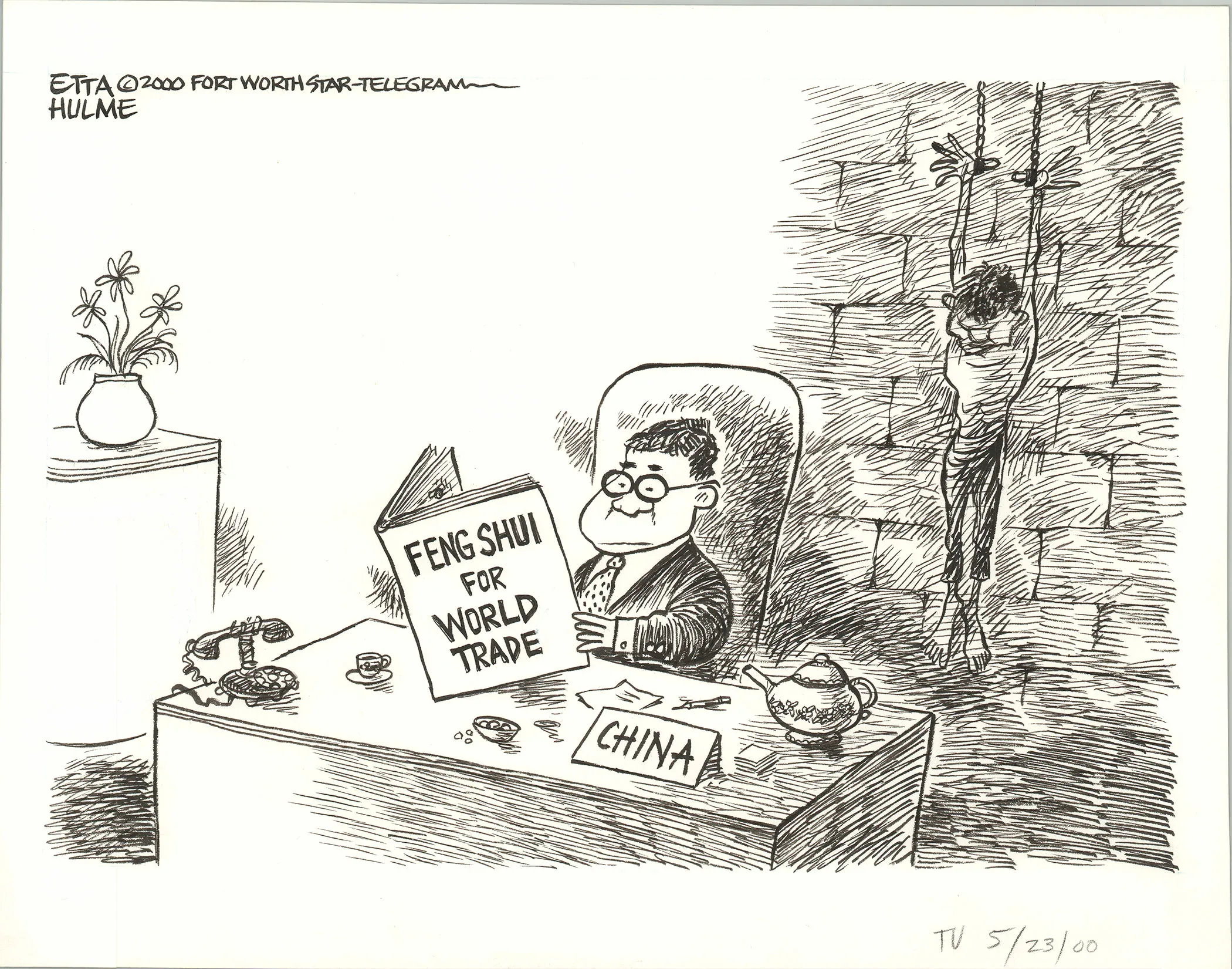 Black-and-white cartoon shows a man titled "China" reading a book that says "Feng Shui for World Trade" while a man is hanging on the wall from chains.