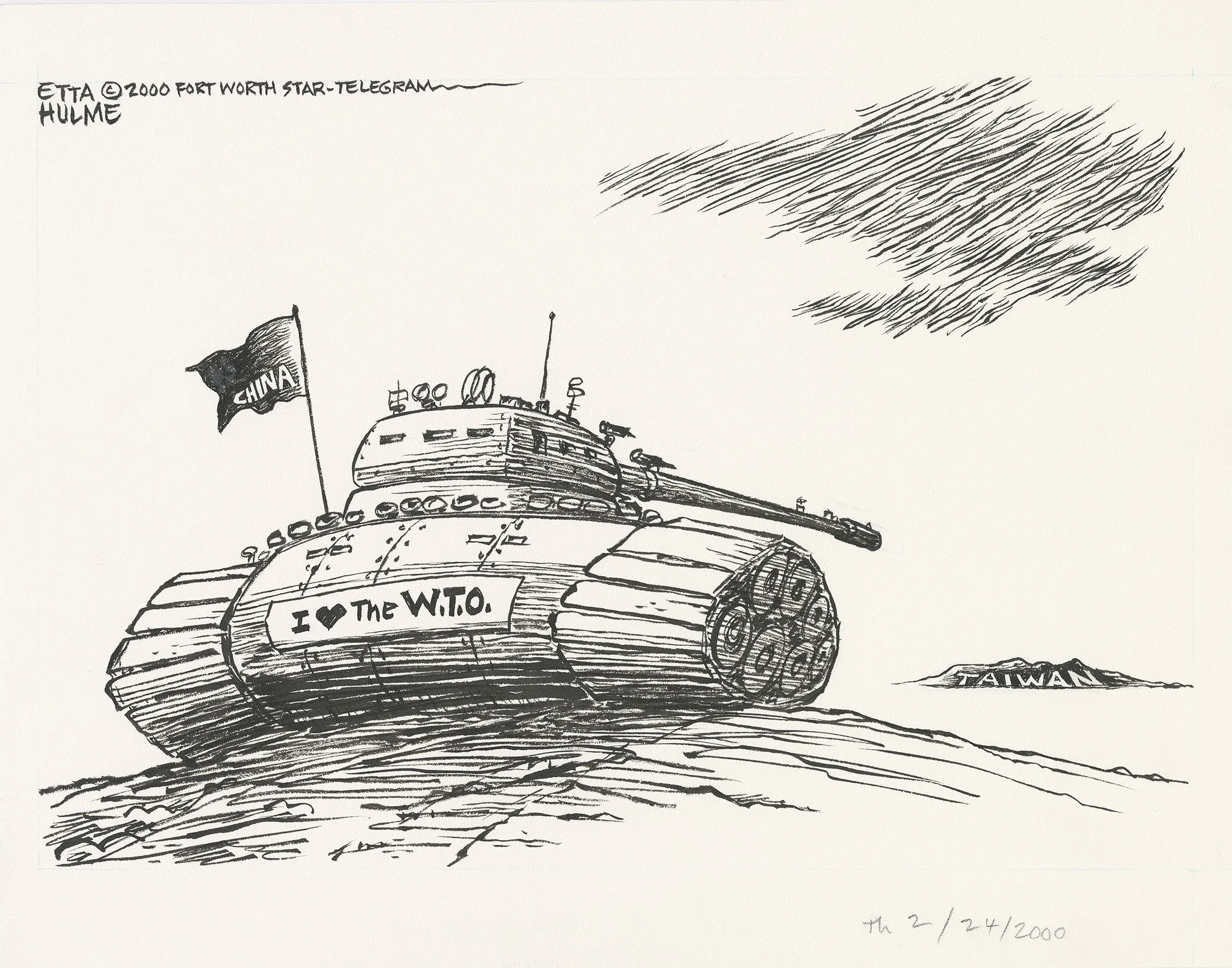 Black-and-white cartoon depicts a tank with the signs "China" and "I love The W.T.O." aiming at Taiwan.