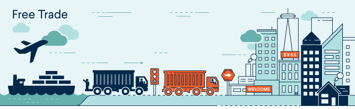 Illustration of free trade, showing ships, planes, and trucks heading toward city. For more info contact us at world101@cfr.org.